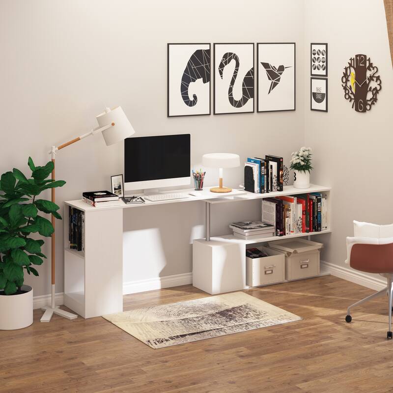 HOMCOM 55" Rotating Corner Computer Desk: L-Shaped Workstation, Storage Shelves
