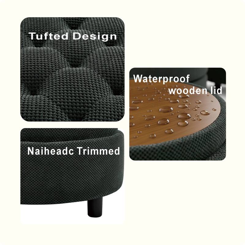 Round Storage Ottoman with Lift-Off Tray and Upholstered Fabric