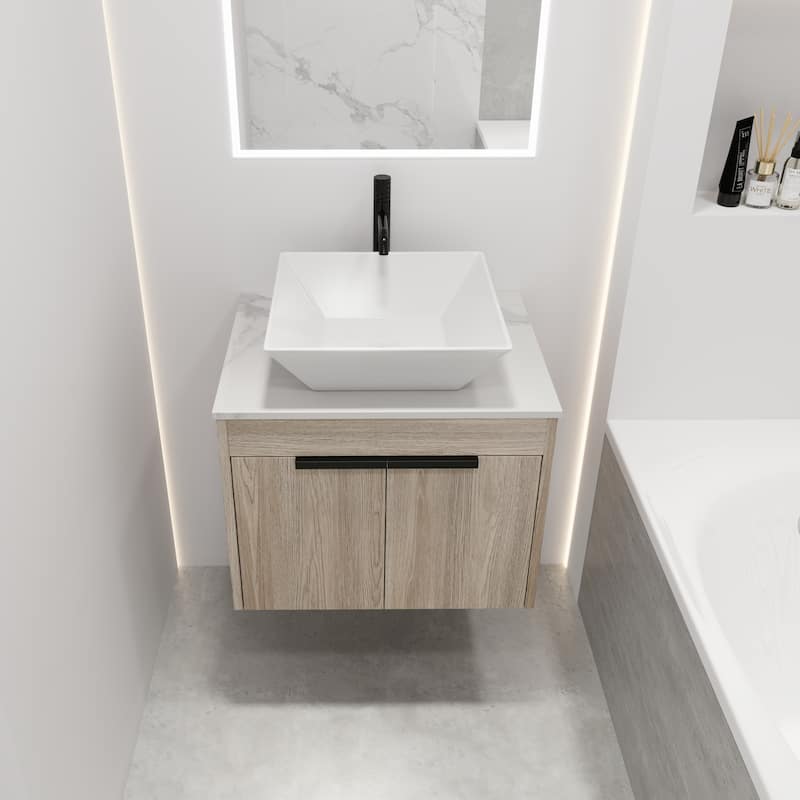24 "Float Bathroom Vanity With Ceramic Basin Set,Wall Mounted Oak Vanity,Soft Close Door,KD-Packing,KD-Packing,2 Pieces Parcel