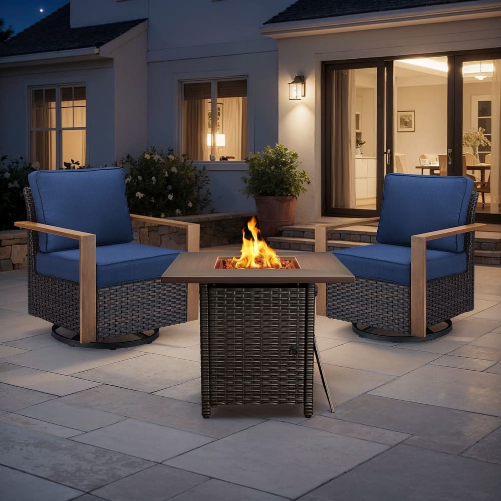 Meyreso 3-Piece Wicker Swivel Glider Fire Pit Set with Plush 4.5" Olefin Cushions