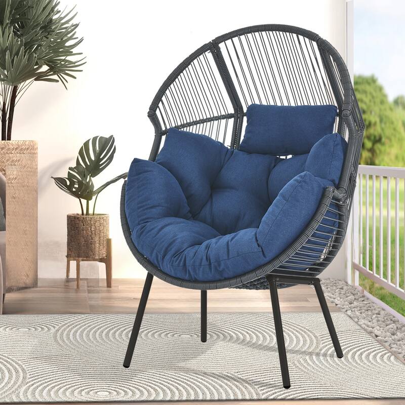 Outdoor Wicker Egg Chair with Removable Cushion - Blue - Grey