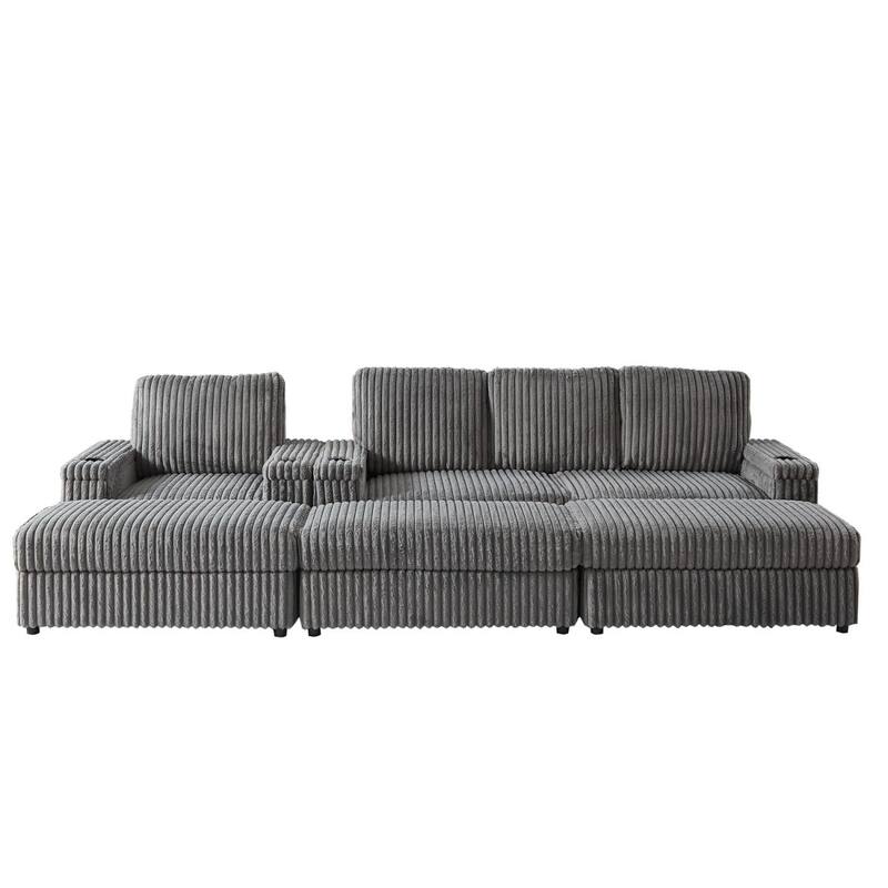 3-seater Modern Sofa with Corduroy Single Sofa, Cup-holding Grooves and 3 Ottomans