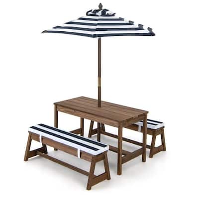 Brown-White-Navy Fir Wood Kids Picnic Table Set with Umbrella - Table: 35" x 17.5" x 20"