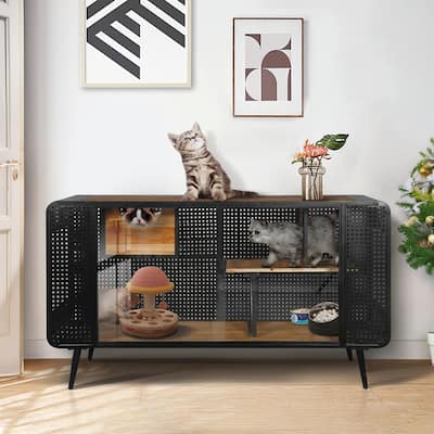 Roomfitters 55.12'' Spacious Cat House with Tempered Glass - Ideal for Living Room, Hallway, Study, Black and Brown