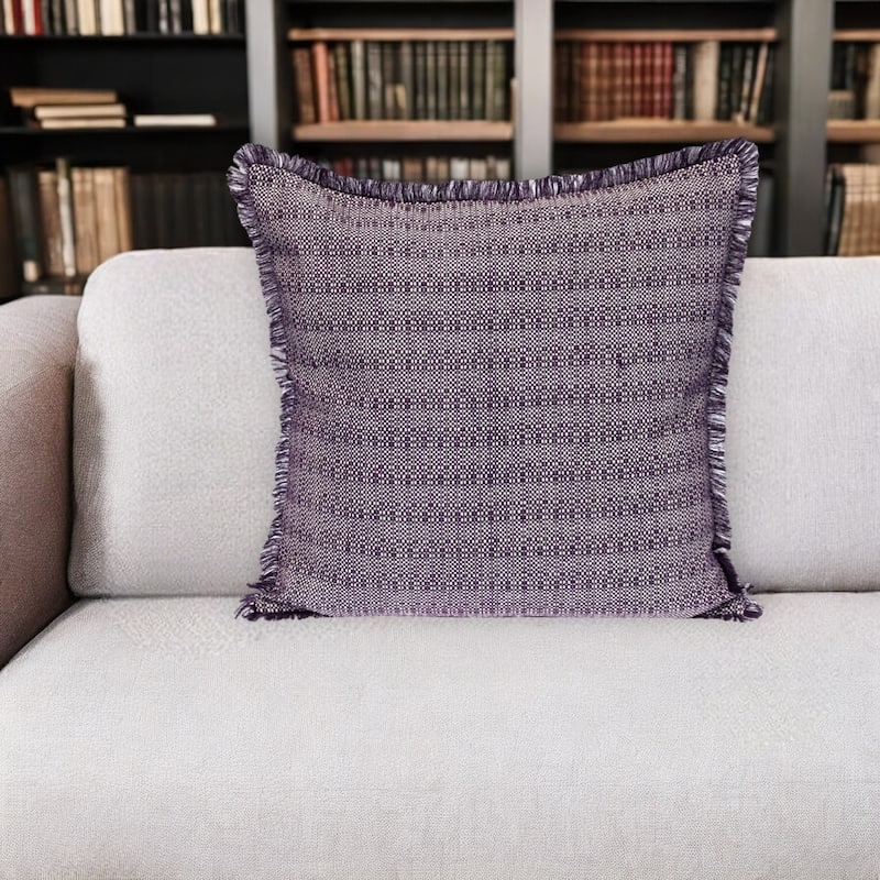 24" Purple and White Cotton Throw Pillow with Fringe - Polyester - Single - 24.00 in. x 24.00 in.  x 7.00 in. - Pillow Sets - White/Purple