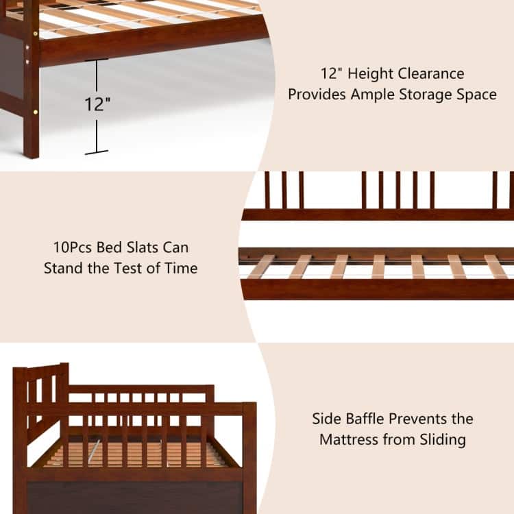 Cherry Pine Wood Twin Daybed Frame with Storage Space and Durable Slat Support