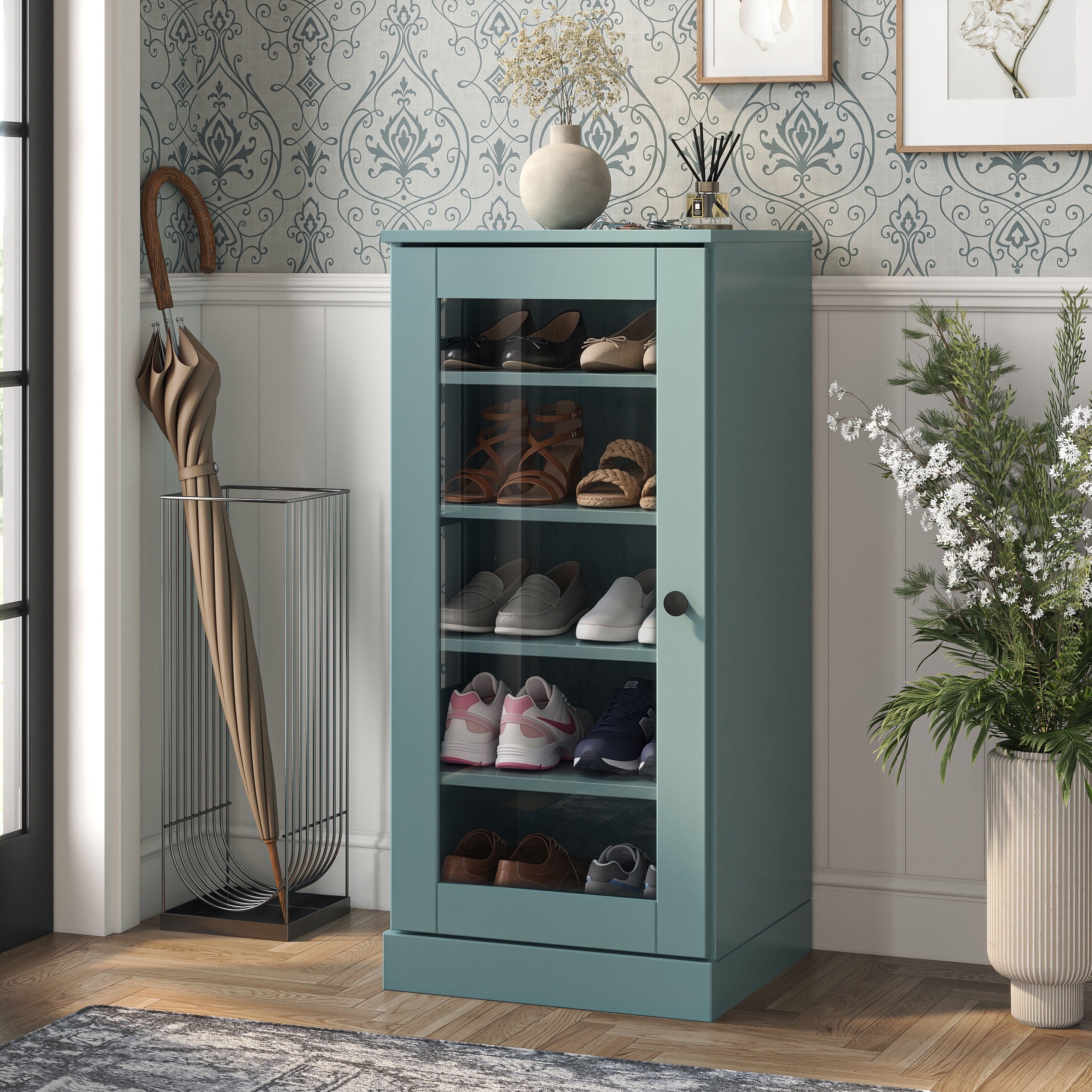 Palace Imports 100% Solid Wood 16.5" Narrow Glass Door Shoe Storage Cabinet, Adjustable Shelves, Stackable