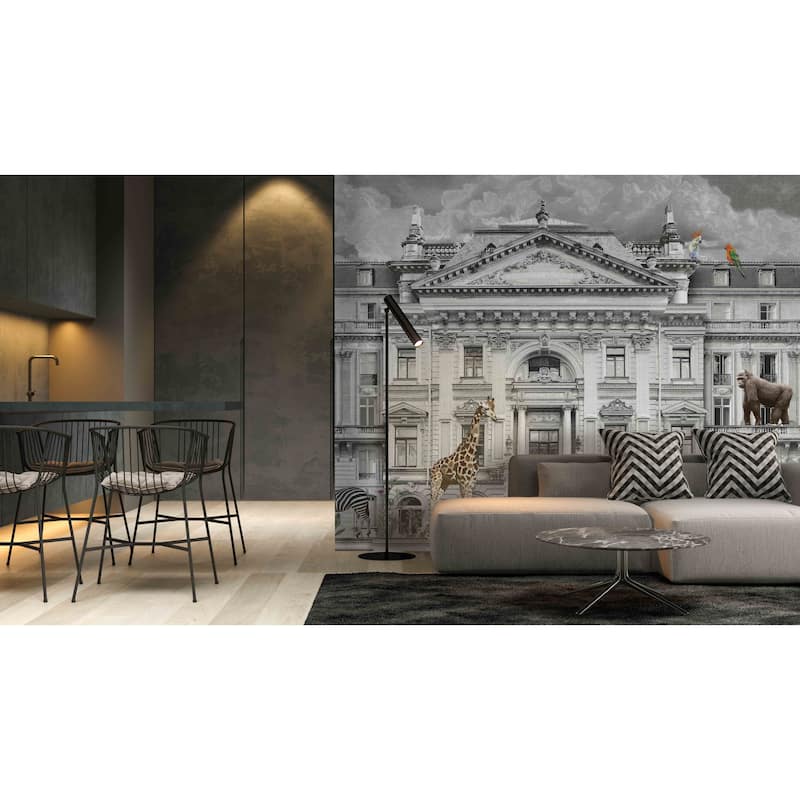 Zoo Animals Urban Safari Wallpaper Mural - Grey - W:225" x H:118"