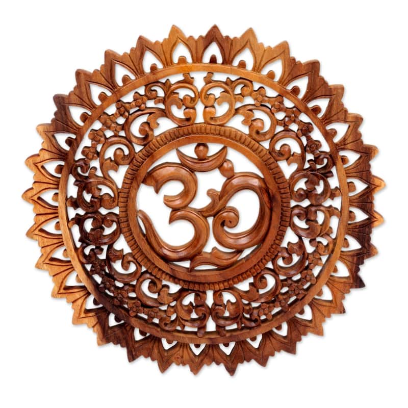 Handmade Lotus Om Wood Relief Panel (Indonesia) - Brown