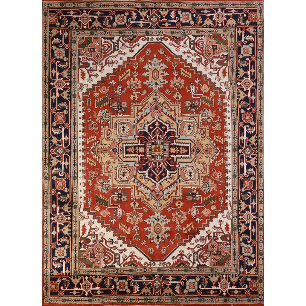 Hand Knotted Oriental 100% Wool Carpet Traditional Medallion Oranges & Rust Heriz (serapi) Area Rug - 10' 1'' X 7' 11''
