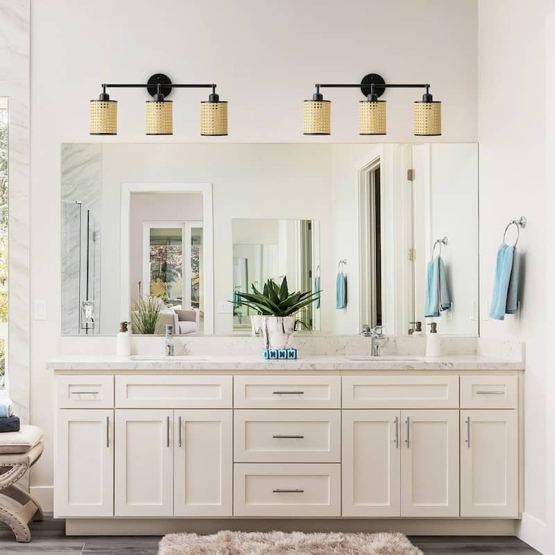 Farmhouse 3-Light Bathroom Vanity Light Fixture with Woven Plastic Lampshades