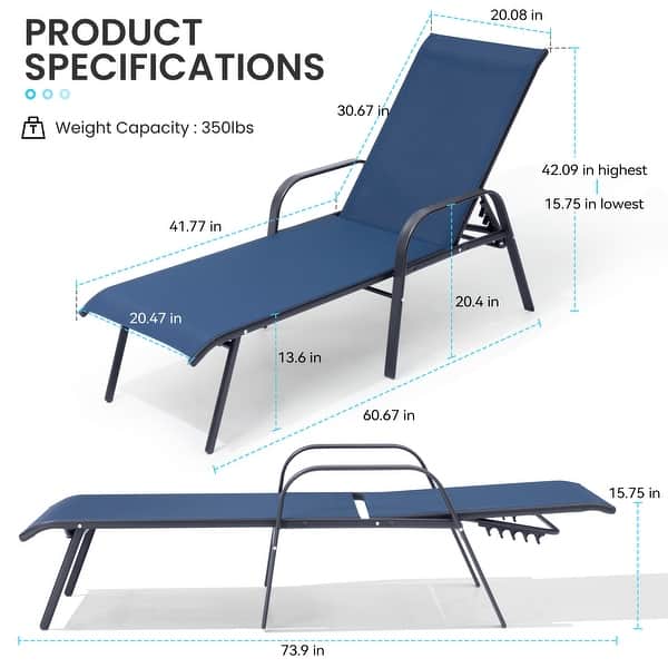 dimension image slide 4 of 8, Set of 4 Lounge Chairs Outdoor Chaise Lounge with Arms and Adjustable Back