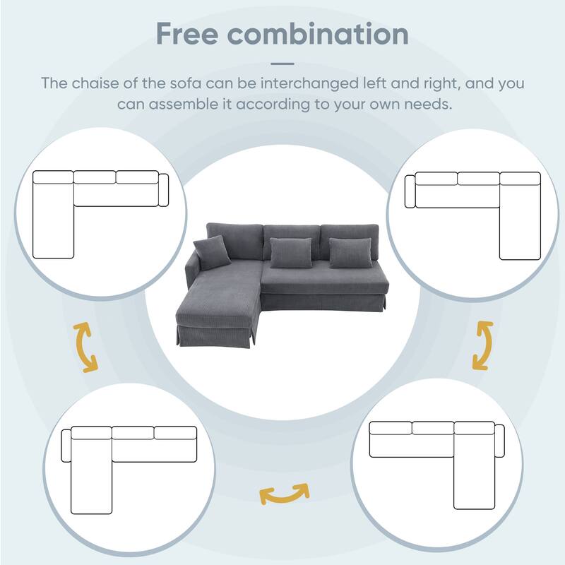 Interchangeable Chaise L-Shaped Sofa with Skirted Design for Living or Guest Rooms