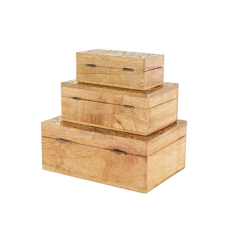 Brown Mango Wood Handmade Storage Scroll Box with Gold Accents (Set of 3)