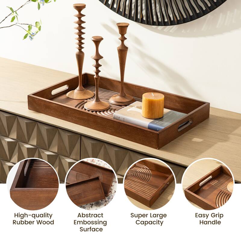 Glitzhome Set of 2 Rectangle Wood Abstract Carved Decorative Trays with Handles
