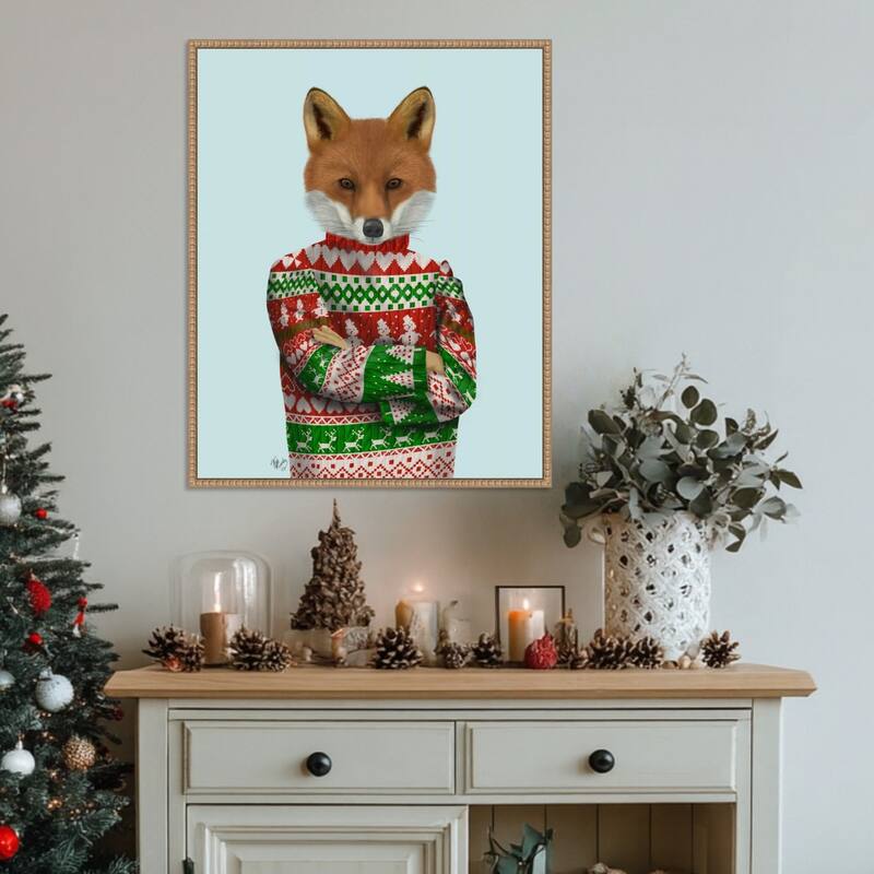 Fox in Christmas Sweater by Fab Funky (23 x 28 in.), Framed Canvas Wall Art Print - Sylvie Beaded Rustic Natural