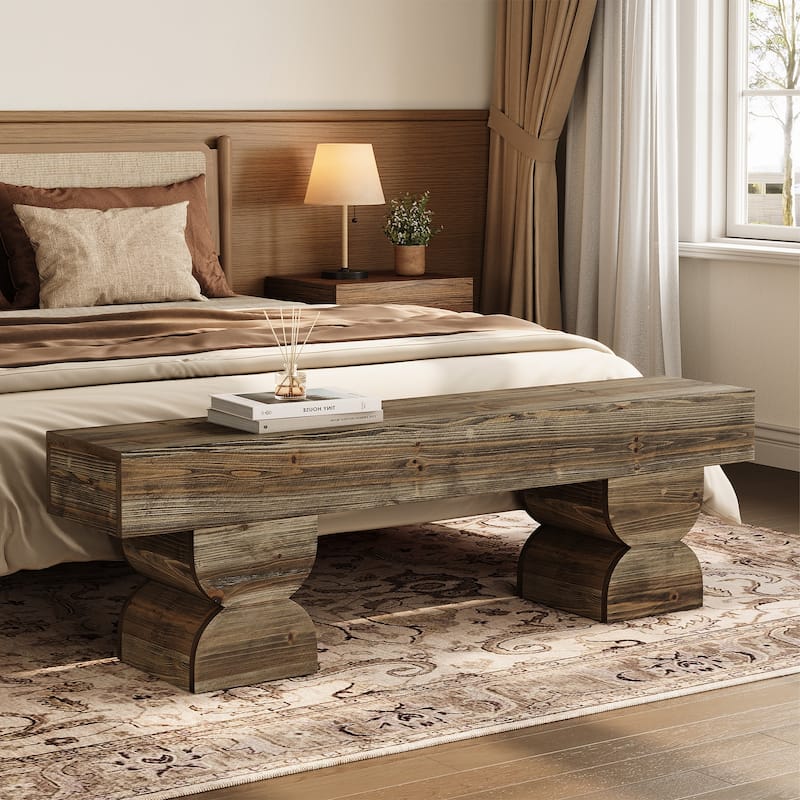 Farmhouse 59-Inch Entryway Bench, Solid Wood Shoe Bench - Brown
