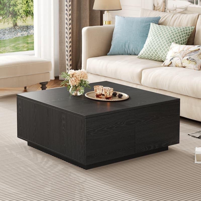 Square Coffee Table Modern Center Table with 4 Drawers, Black Cocktail Table End Table for Living Room