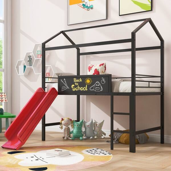 slide 2 of 13, Metal House Bed with Slide - Twin Loft Bed with Writing Board Black+White - Twin
