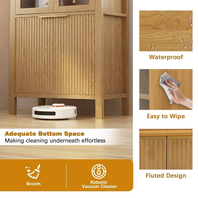 71" Tall Fluted Arched Pantry Cabinet with Glass Doors and Adjustable Shelves for Elegant Kitchen Storage