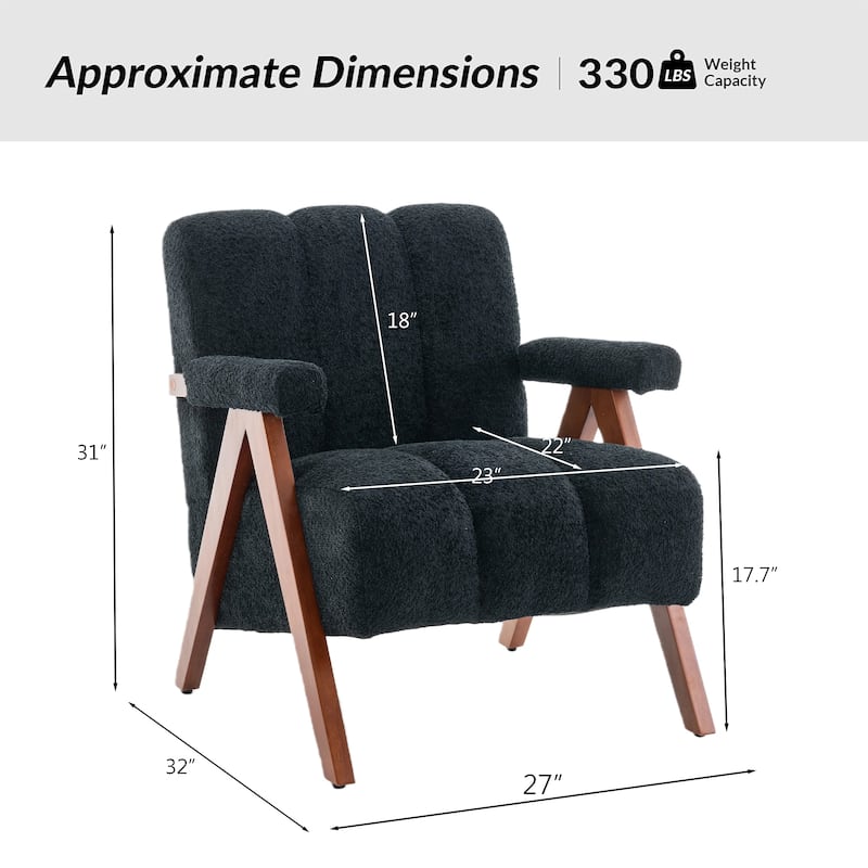 Mid Century Modern Accent Chair, Chenille Armchair with Solid Wood Legs, Channel Tufted Comfy Reading Chair for Living Room