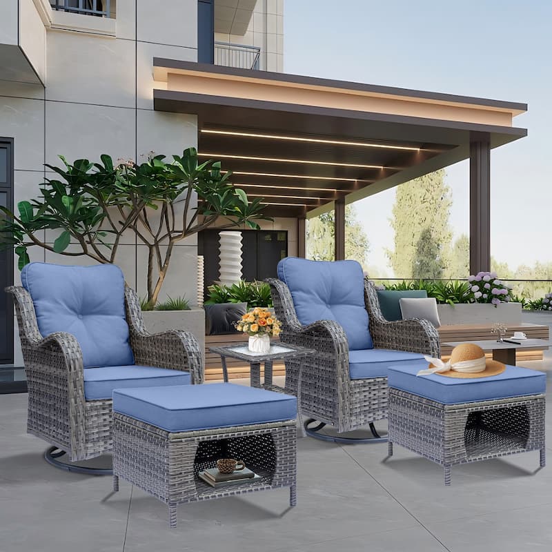 5 Piece Patio Furniture Set-Wicker Patio Swivel Chair Set with Ottoman