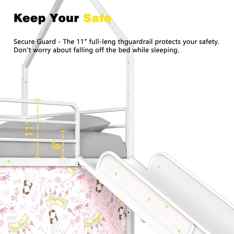 Kids' Twin Loft Bed with Slide, Curtain Set, Banner Flag, and Star Stickers in Multiple Colors