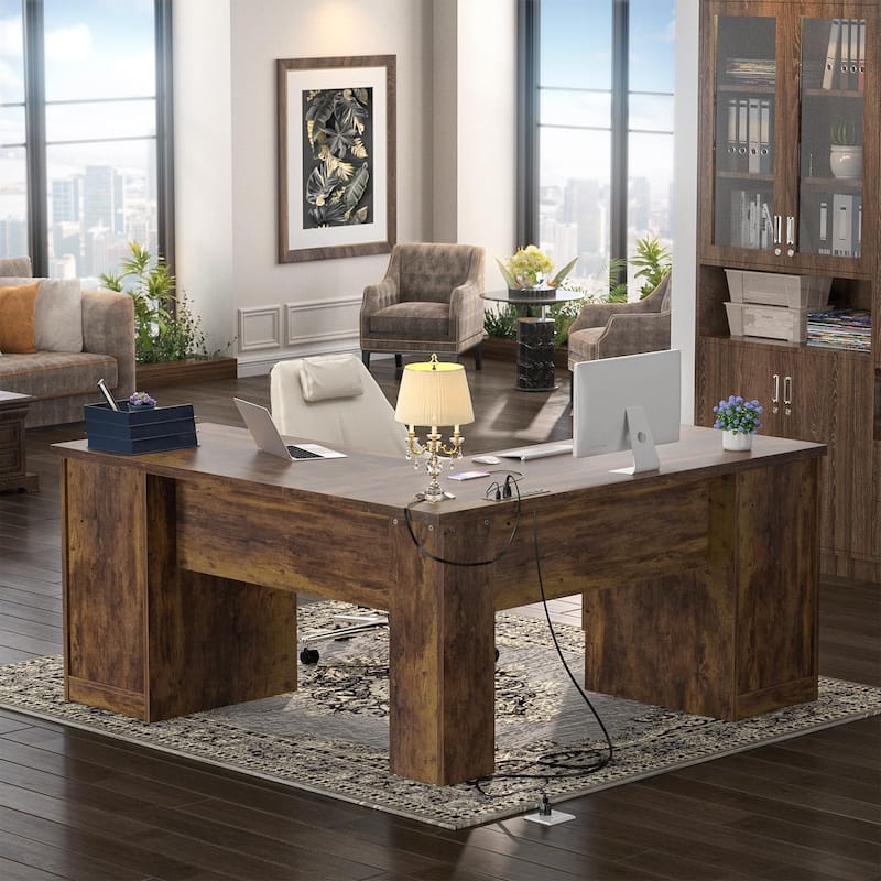 Modern Farmhouse L-Shape Desk with File Cabinet and Drawers, Homer Office Executive Desk with Charge Station