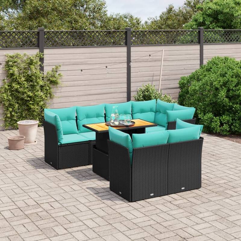 vidaXL 8 Piece Patio Sofa Set with Cushions Black Poly Rattan - 24.4 x 24.4 x 27.2 - Black-With table and cover