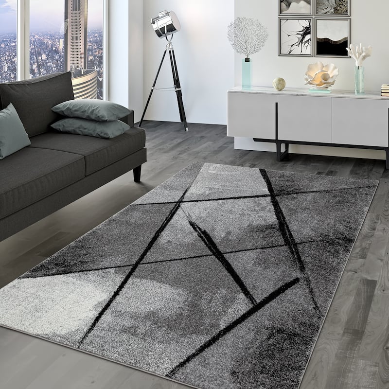 Modern Area Rug Abstract Black Stripes and Grey Shades - 5'3" x 7'7"
