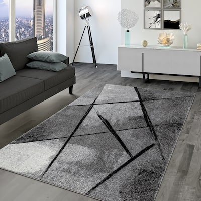 Modern Area Rug Abstract Black Stripes and Grey Shades