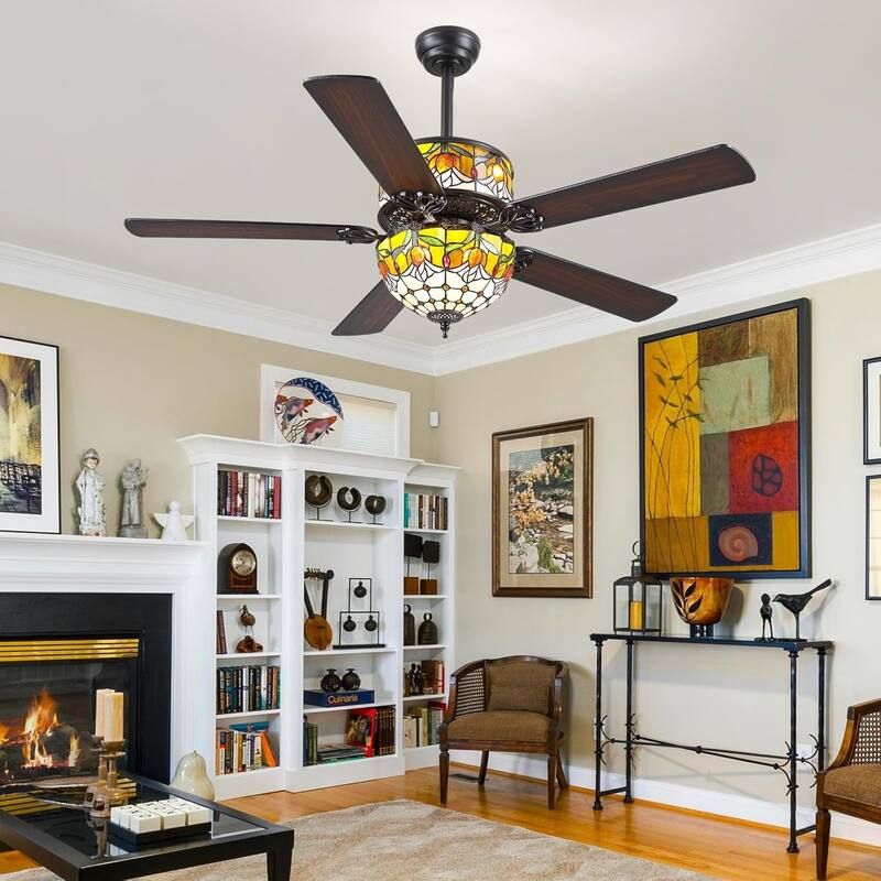 50" TiffanyTropical Ceiling Fan with 5 Palm Leaf Bllades and Vintage Cover Waterproof for Indoor and Outdoor Patio