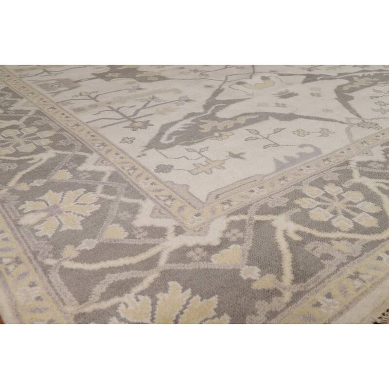 Floral Ivory Oushak Indian Area Rug Hand-Knotted Wool Carpet - 8'3" x 9'8"
