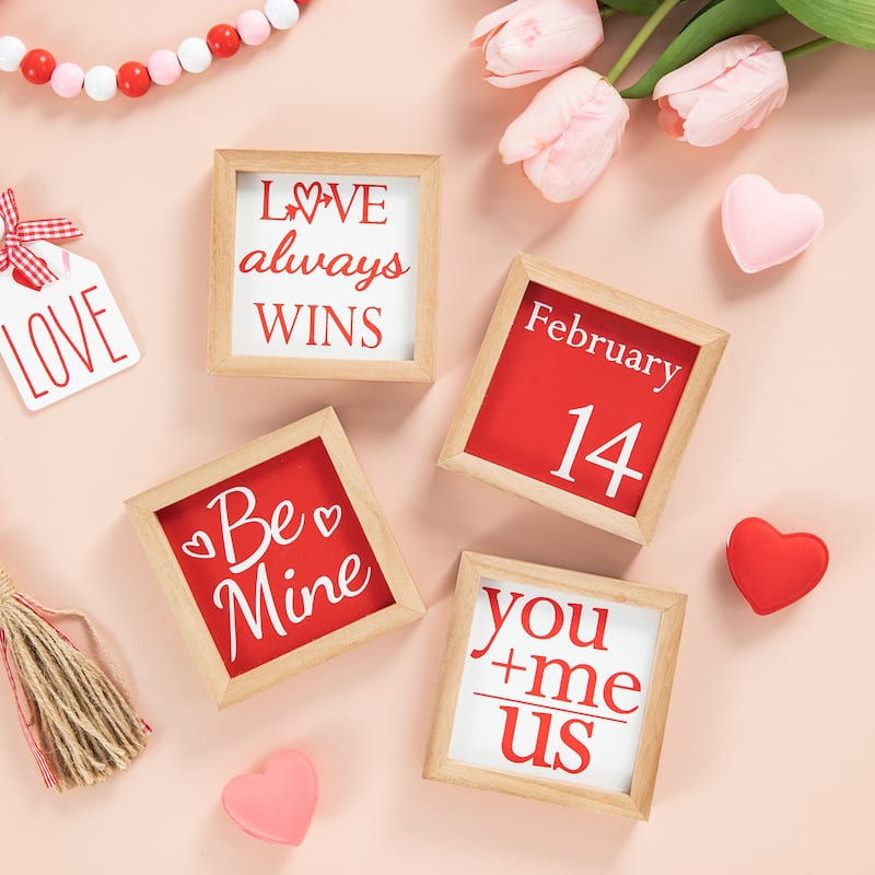 Glitzhome 4"H Set of 4 Valentine's Wooden Block Table Decor