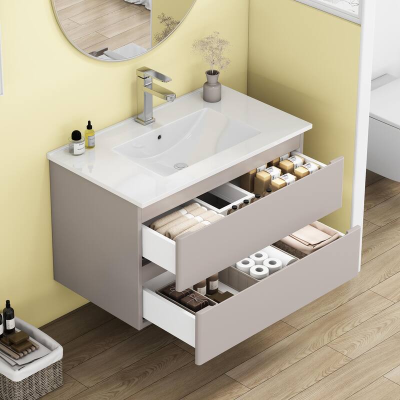 32 Inch Floating Bathroom Vanity with One-piece Ceramic Sink, Wall Mounted Cabinet with 2 Drawers