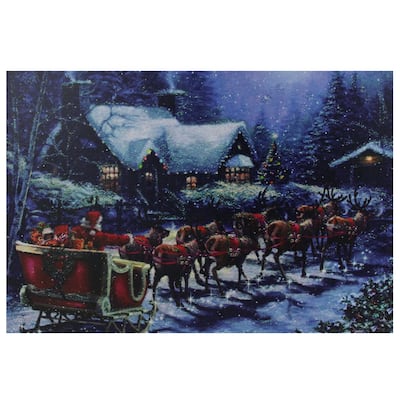 LED Santa Claus in Sleigh Christmas Canvas Wall Art 15.75 x 23.5