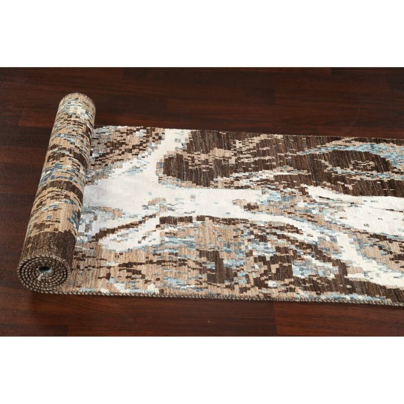 Wool/ Silk Vegetable Dye Oriental Abstract Runner Rug Hand-knotted - 2'7" x 9'10"