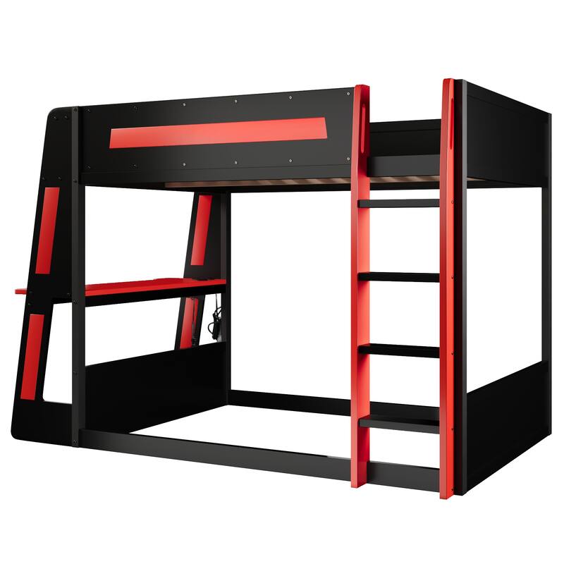 GDFStudio - Solid Wood Full Size Gaming Bunk Bed with Desk, USB & LED
