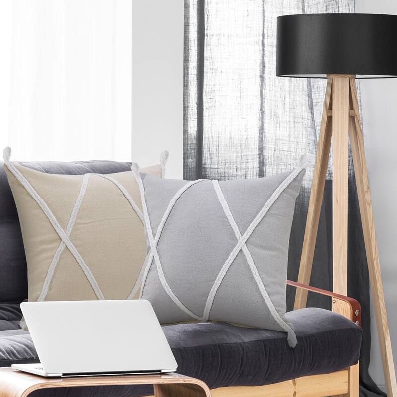 20" Gray and White Geometric Braided Square Throw Pillow