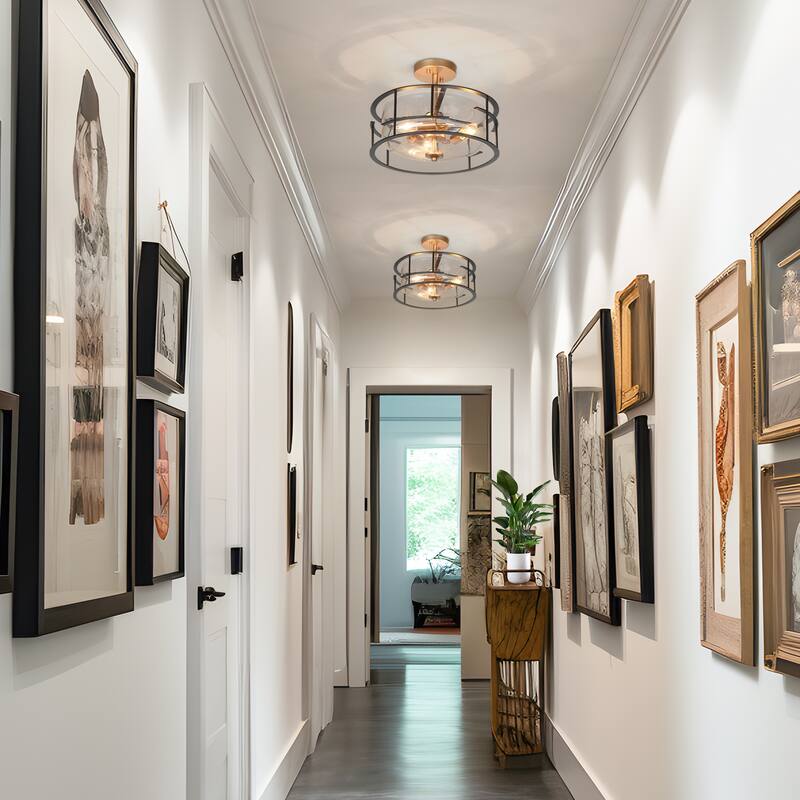 3-Light Black Gold Modern Drum Semi Flush Mount Seeded Glass Ceiling Lights - 14 " D × 13 " H