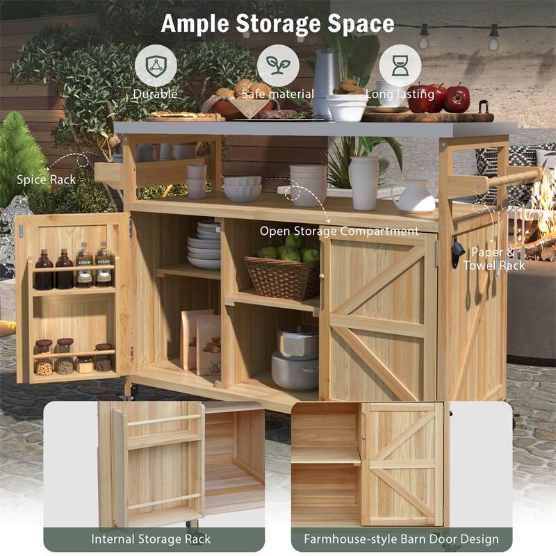 Wood Rolling Kitchen Island with Stainless Steel Top,Towel Rack