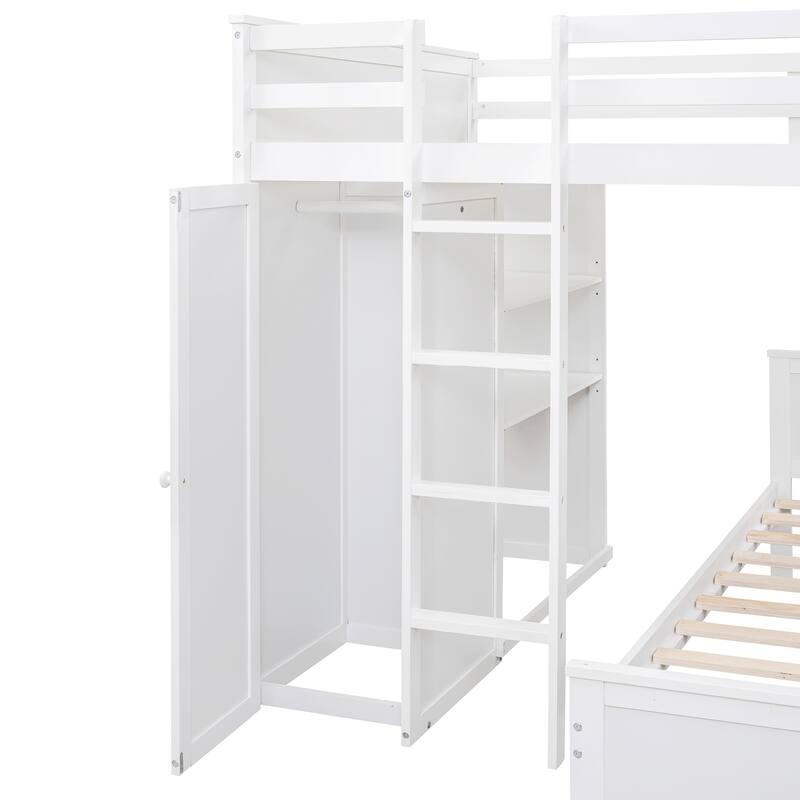 Space-Saving Full Size Loft Bed with Twin Bed, Shelves, Desk, and Wardrobe in White