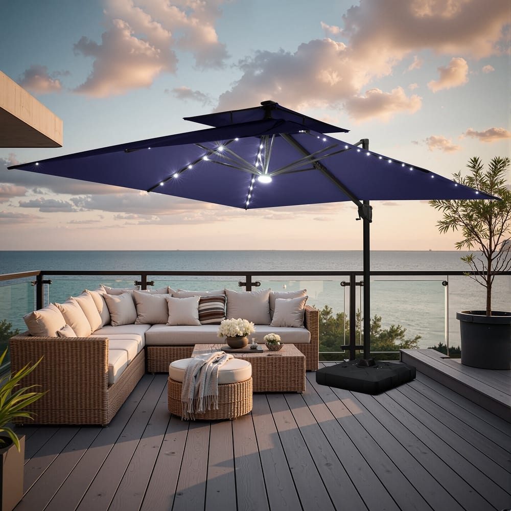 11' x 11' Outdoor Patio Cantilever Umbrella with LED Lights Double Vented Umbrella with Base