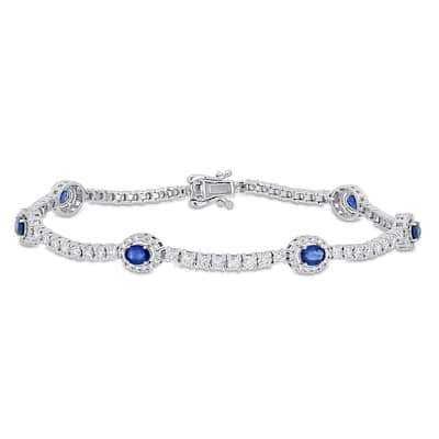 Miadora 14k White Gold 2 1/10ct TDW Diamond and Oval Sapphire Halo Station Tennis Bracelet