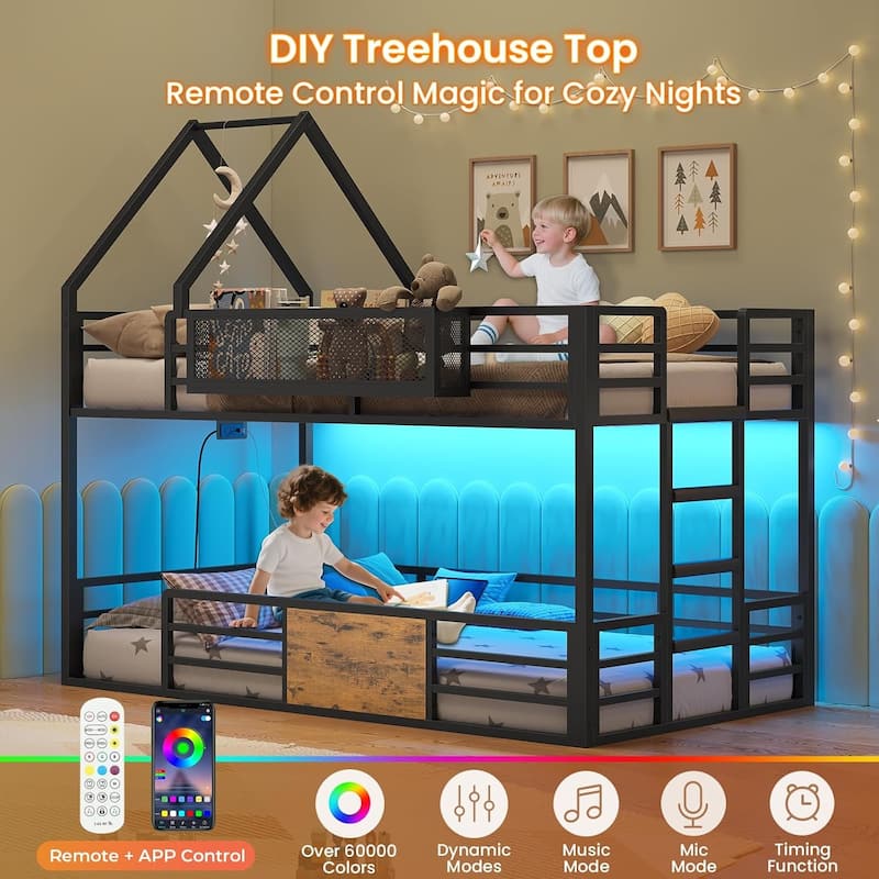 House Low Loft Bed Twin Size Storage Drawers Bookcase LED Lights