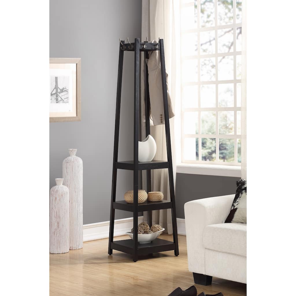 Modern Espresso-Colored Wooden Coat Rack with 3-Tier Storage and Large Silver Hooks, for Bedroom