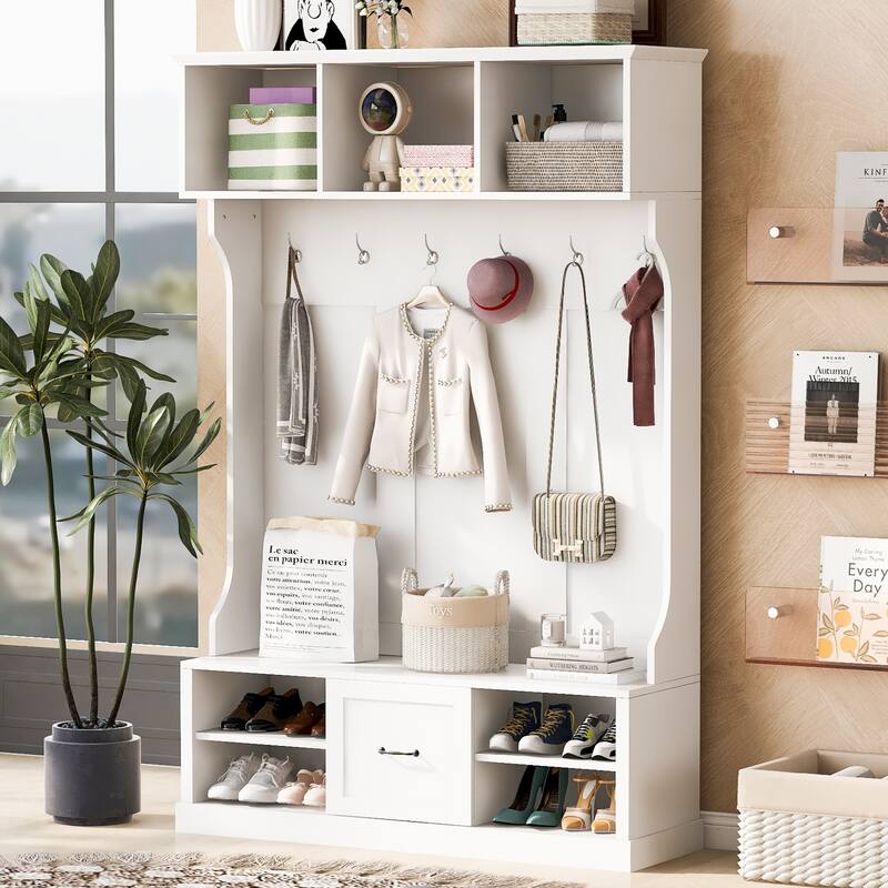 Storage Bench with Shoe Rack 57" Hall Tree Wood Coat Tree with 6 Hooks, Open Coat Hanger for Entrance, Living Room