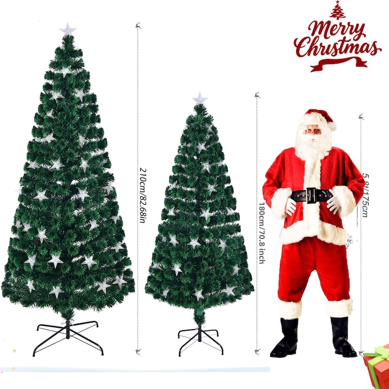 Holiday Decoration Tree, 7 FT Pre-lit Fiber Optic Christmas Tree with Metal Stand and Large Stars for Holiday Decoration