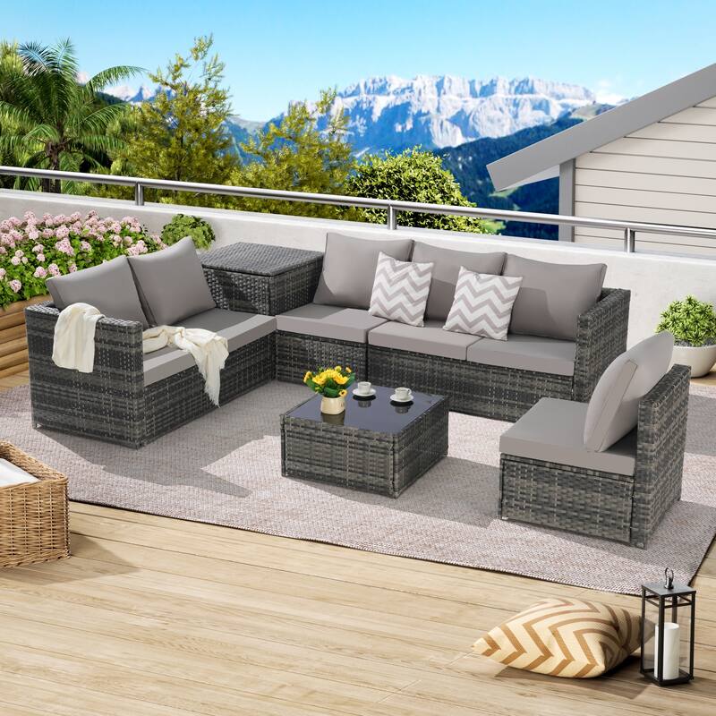 6-Piece Outdoor Wicker Sectional Patio Furniture Set with Storage Corner, and Tempered Glass Coffee Table