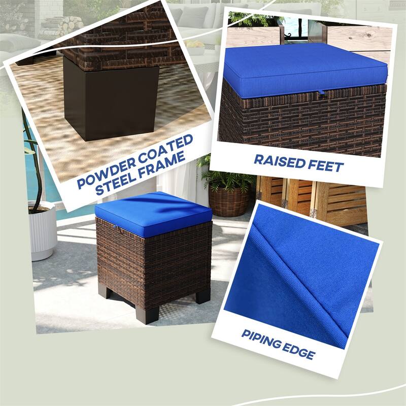 Set of 2 Outdoor Ottomans Wicker with Cushions Steel Frame for Patio Balcony Yard - 15.7" W x 15.7" D x 18.1" H